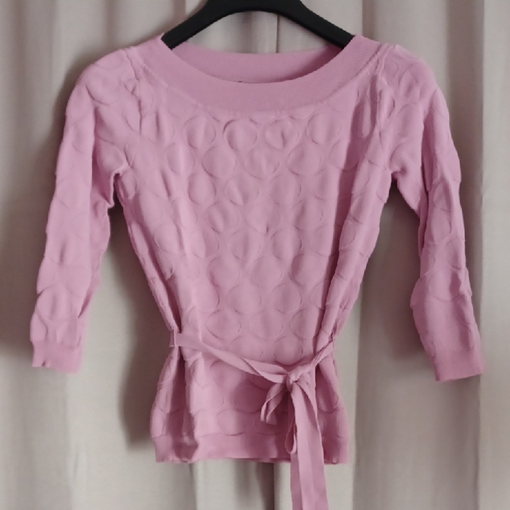 Doncaster Collection Pink Textured Polka Dot Boat Neck 3/4 Sleeve Top Stretch
